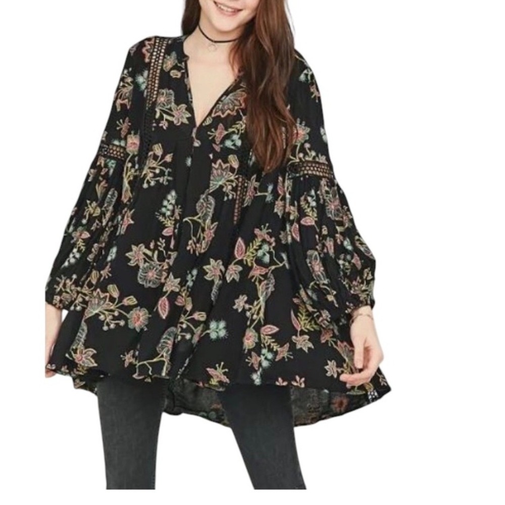 Free People Just the Two of Us Black Floral Tunic Dress‎ Top Large Whimsical